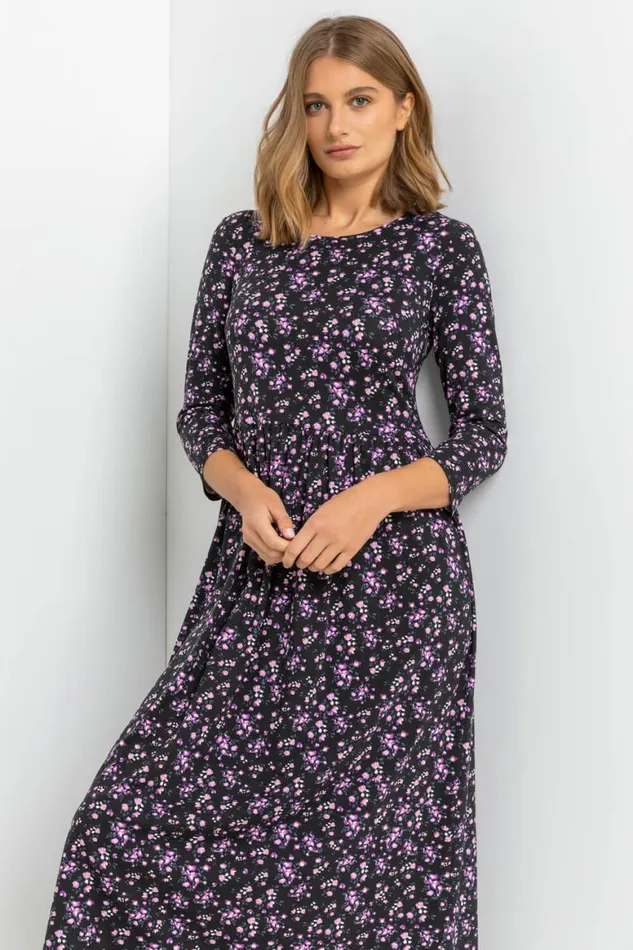 Women Purple Ditsy Floral Gathered Midi Dress Roman Dresses