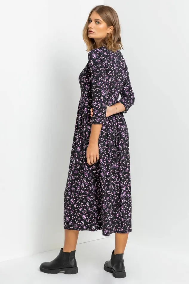 Women Purple Ditsy Floral Gathered Midi Dress Roman Dresses