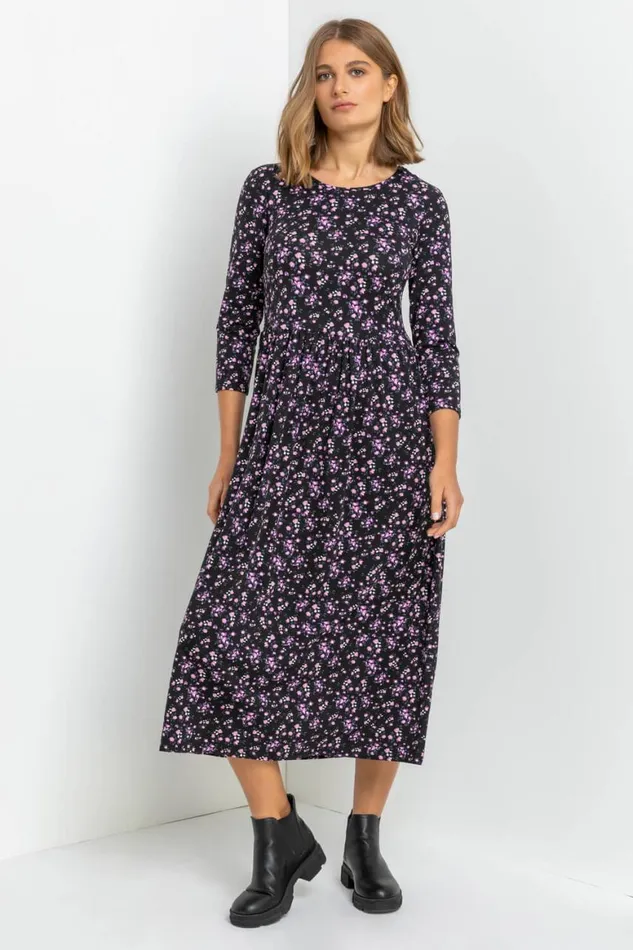 Women Purple Ditsy Floral Gathered Midi Dress Roman Dresses