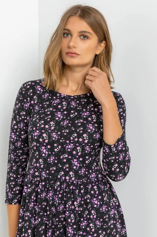 Women Purple Ditsy Floral Gathered Midi Dress Roman Dresses