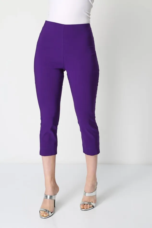 Women Purple Elastic Waist Stretch Cropped Trousers Roman Coords