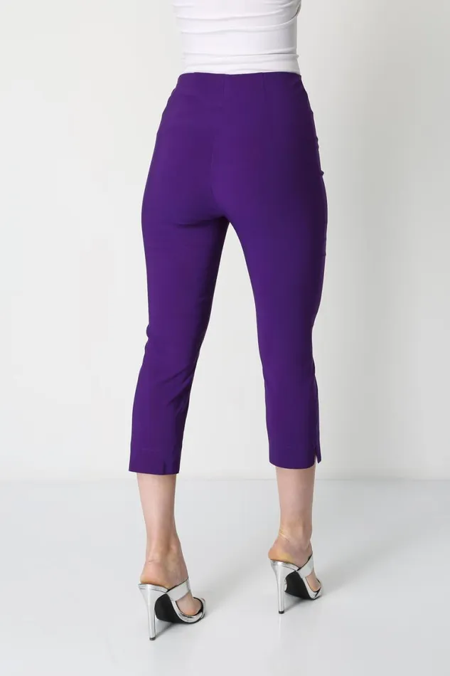 Women Purple Elastic Waist Stretch Cropped Trousers Roman Coords