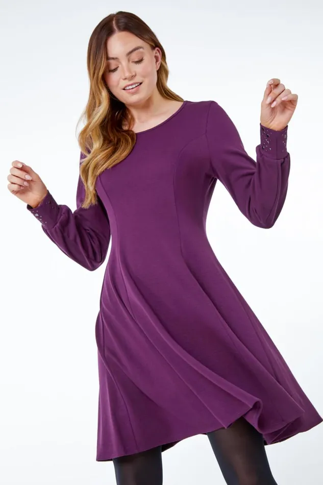 Women Purple Embellished Cuff Skater Dress Roman Dresses