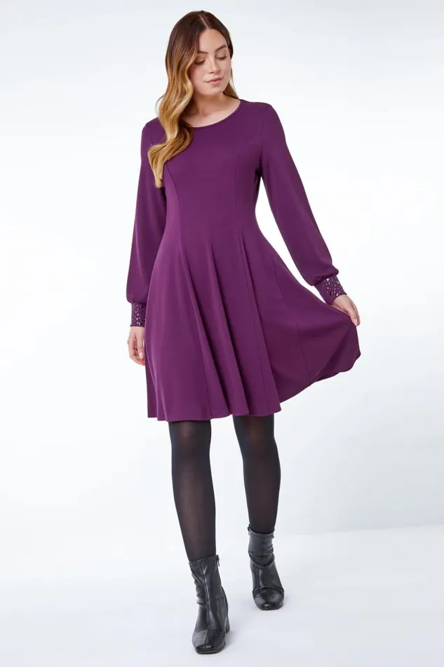 Women Purple Embellished Cuff Skater Dress Roman Dresses