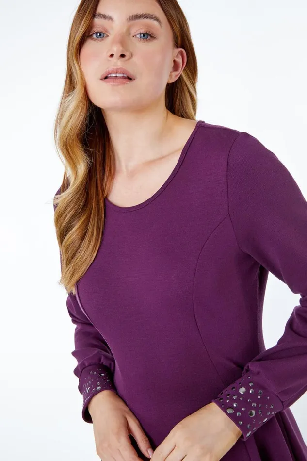 Women Purple Embellished Cuff Skater Dress Roman Dresses