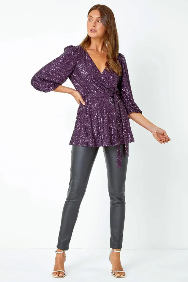 Women Purple Embellished Sequin Stretch VNeck Wrap Top Roman Tops