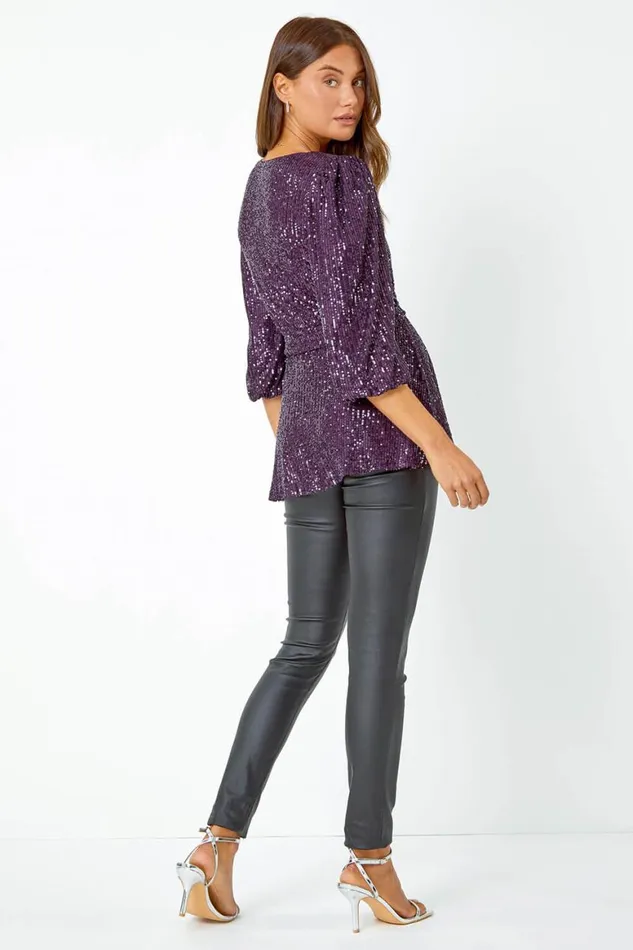 Women Purple Embellished Sequin Stretch VNeck Wrap Top Roman Tops