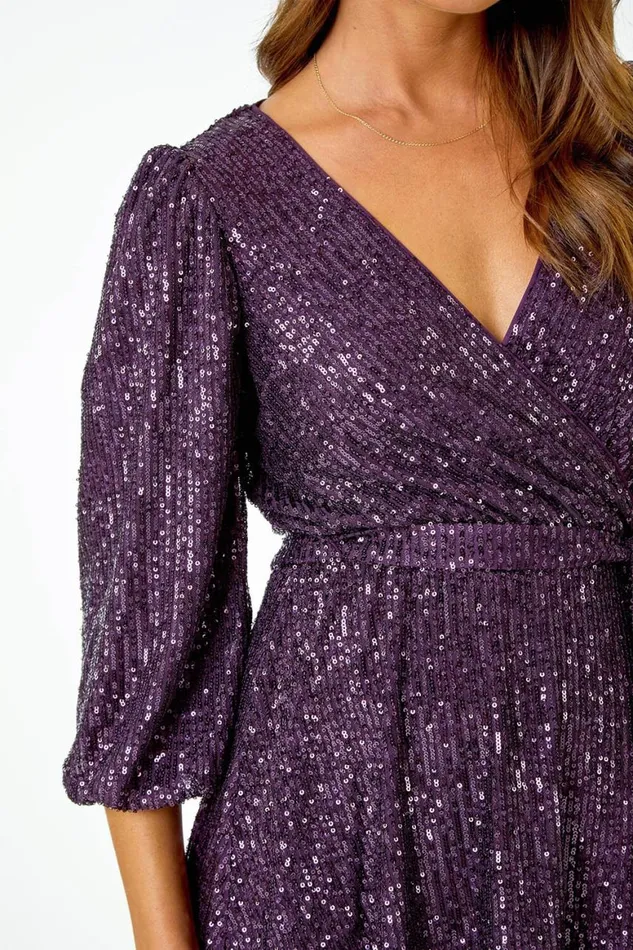 Women Purple Embellished Sequin Stretch VNeck Wrap Top Roman Tops