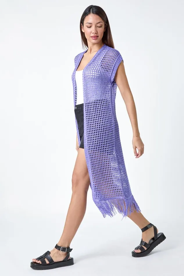 Women Purple Longline Shimmer Tassel Knit Kimono Roman Knitwear