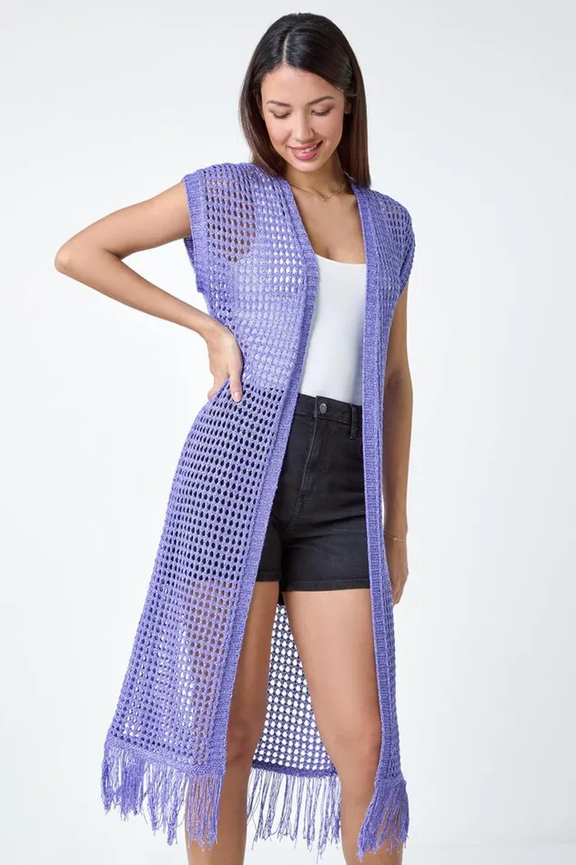 Women Purple Longline Shimmer Tassel Knit Kimono Roman Knitwear