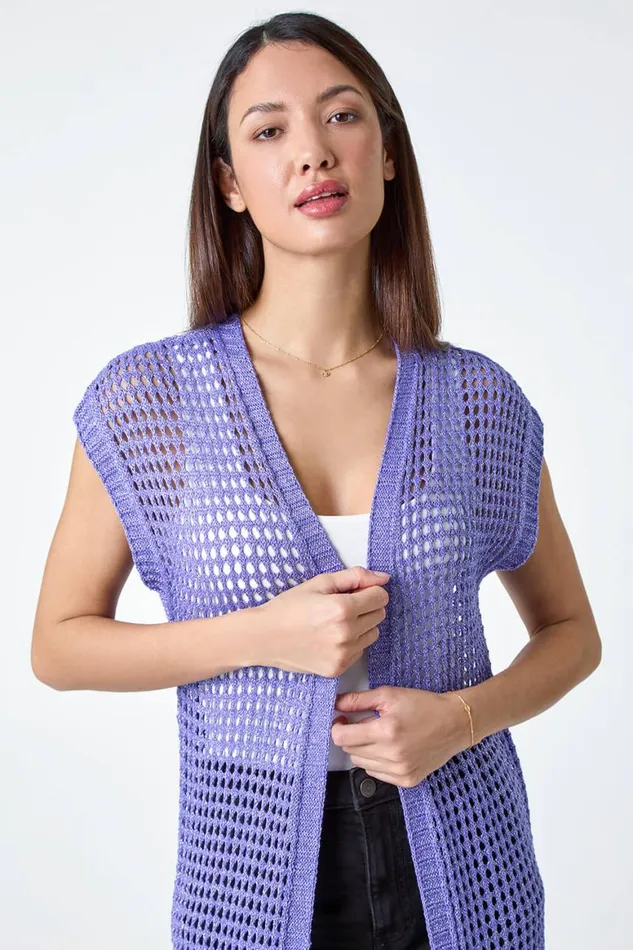 Women Purple Longline Shimmer Tassel Knit Kimono Roman Knitwear
