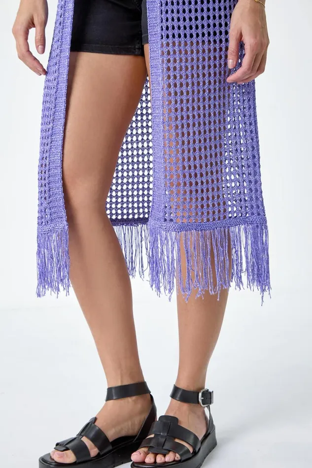 Women Purple Longline Shimmer Tassel Knit Kimono Roman Knitwear