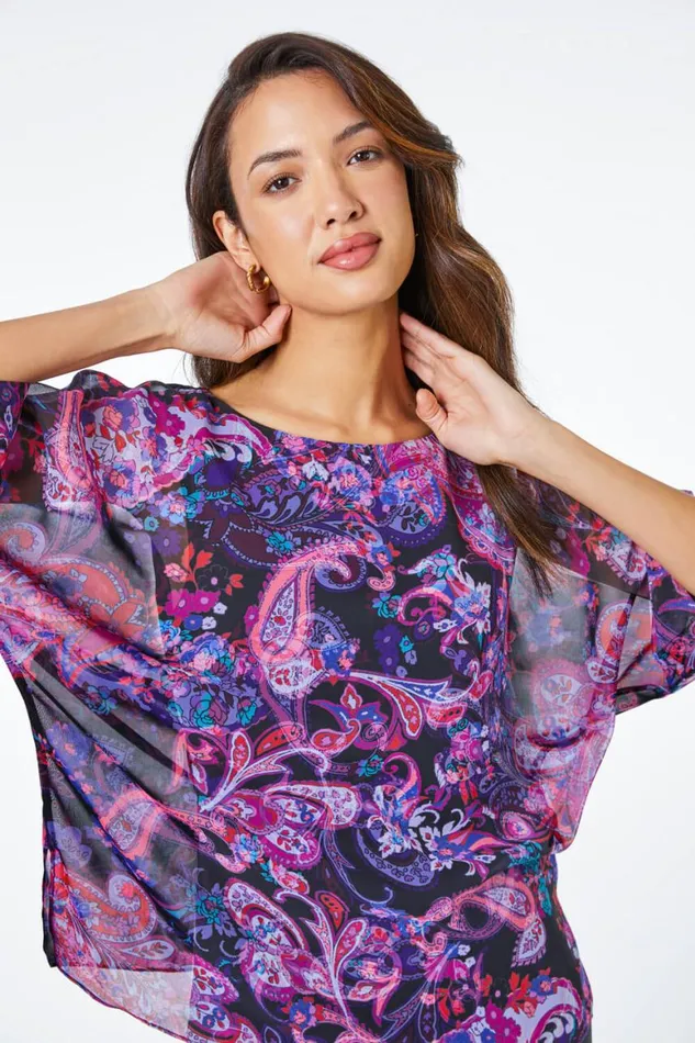 Women Purple Paisley Print Chiffon Overlay Top Roman Tops