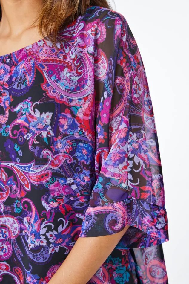 Women Purple Paisley Print Chiffon Overlay Top Roman Tops