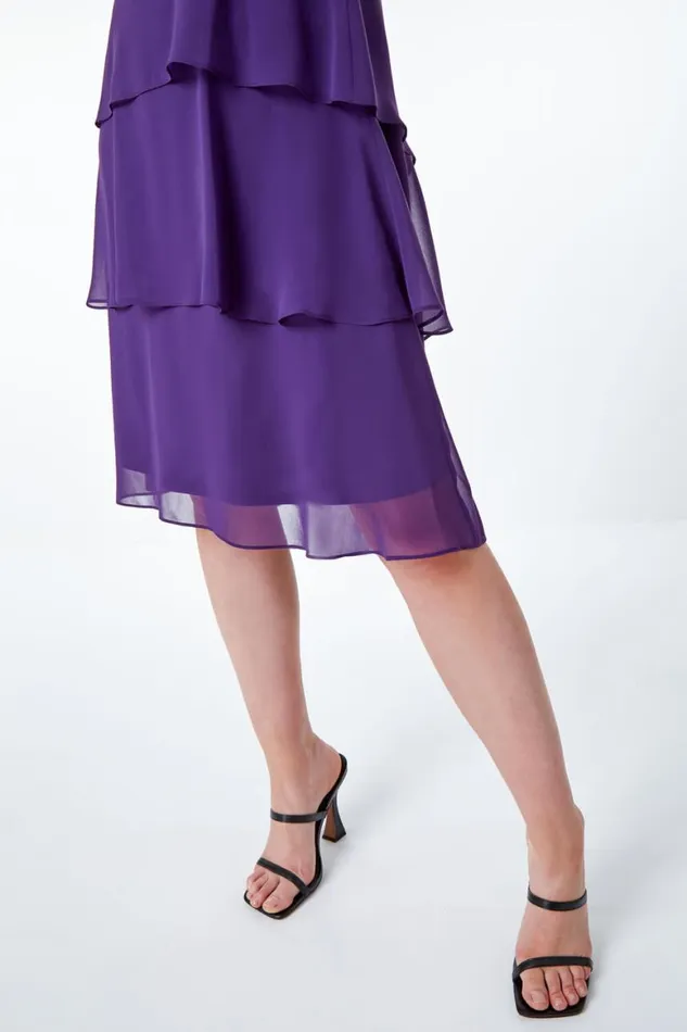 Women Purple Tiered Embellished Neck Chiffon Dress Roman Dresses
