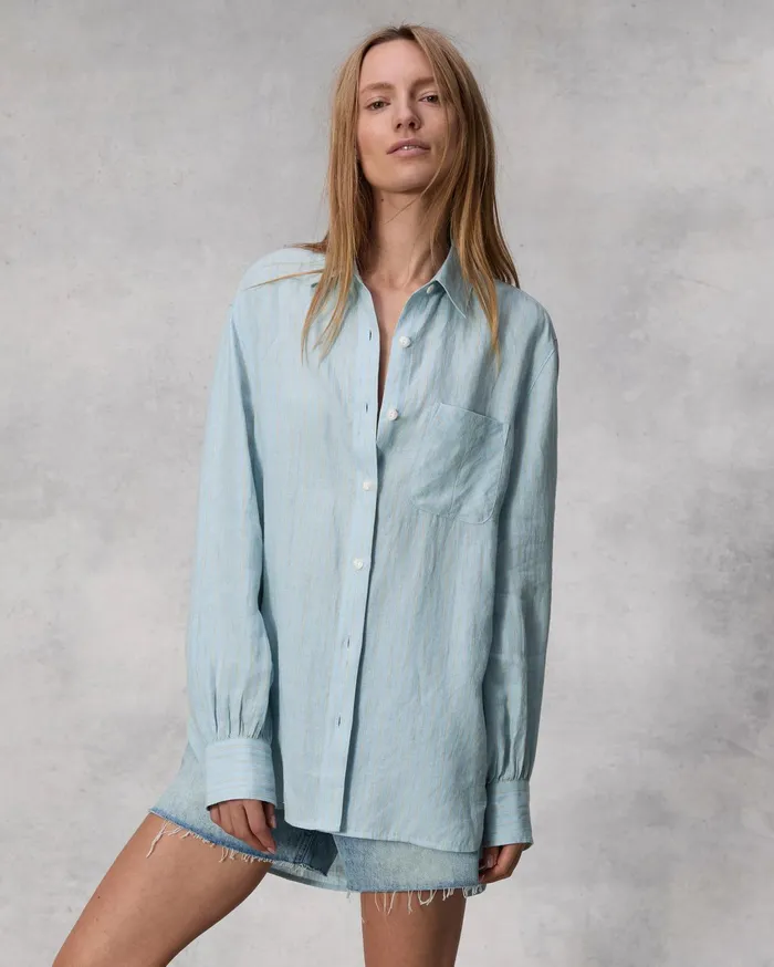 Women Rag and Bone Tops Maxine Striped Linen Shirt Blue Stripe Women Rag and Bone Tops Maxine Striped Linen Shirt Blue Stripe