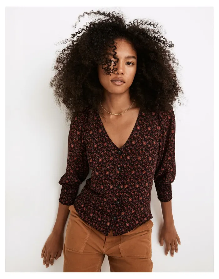 Women Resourced Georgette Smocked Cuff Button Front Top In Orchard Floral Warm Violet Madewell Tops and Shirts Women Resourced Georgette Smocked Cuff Button Front Top In Orchard Floral Warm Violet Madewell Tops and Shirts