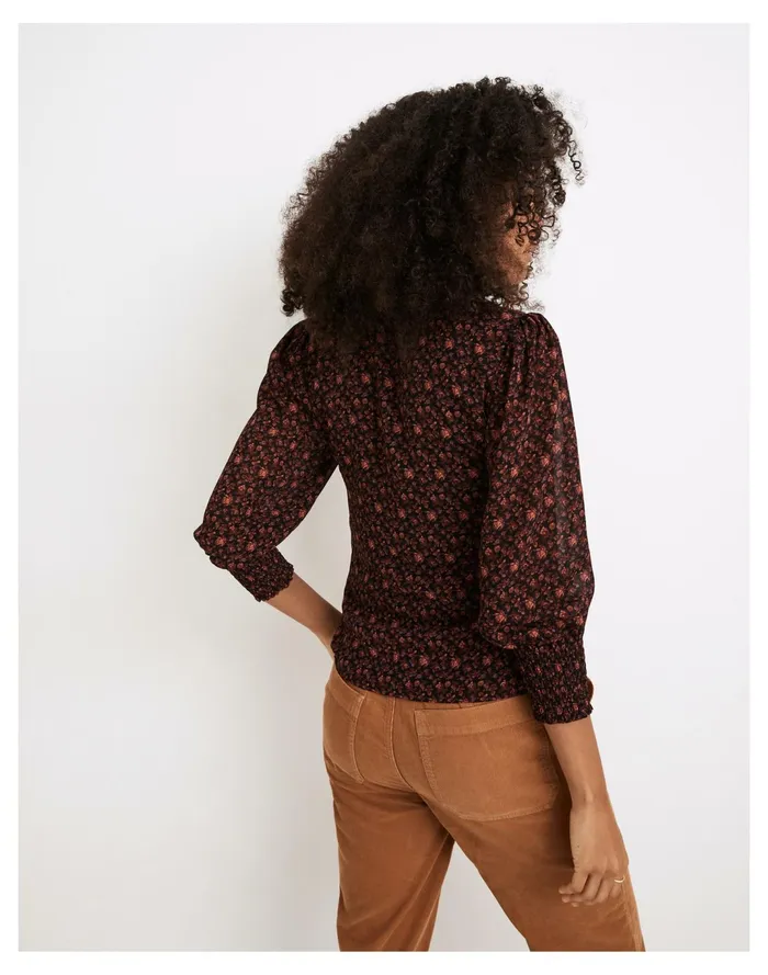 Women Resourced Georgette Smocked Cuff Button Front Top In Orchard Floral Warm Violet Madewell Tops and Shirts Women Resourced Georgette Smocked Cuff Button Front Top In Orchard Floral Warm Violet Madewell Tops and Shirts