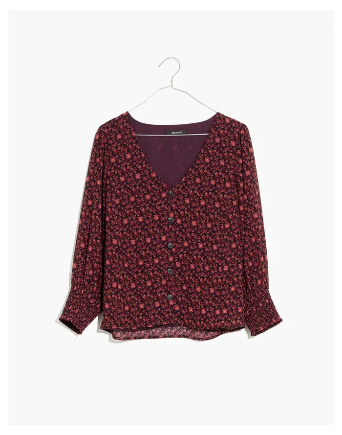 Women Resourced Georgette Smocked Cuff Button Front Top In Orchard Floral Warm Violet Madewell Tops and Shirts Women Resourced Georgette Smocked Cuff Button Front Top In Orchard Floral Warm Violet Madewell Tops and Shirts