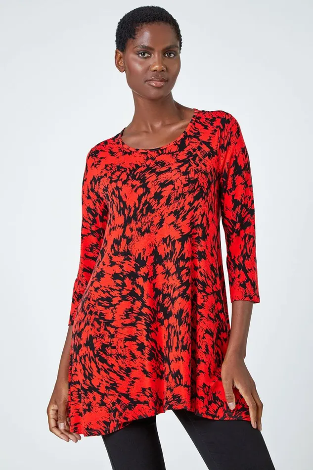 Women Red Abstract Print Hanky Hem Tunic Top Roman Tops
