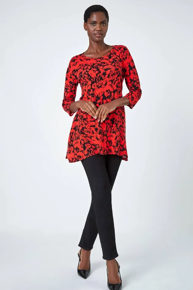 Women Red Abstract Print Hanky Hem Tunic Top Roman Tops