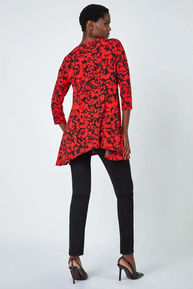 Women Red Abstract Print Hanky Hem Tunic Top Roman Tops