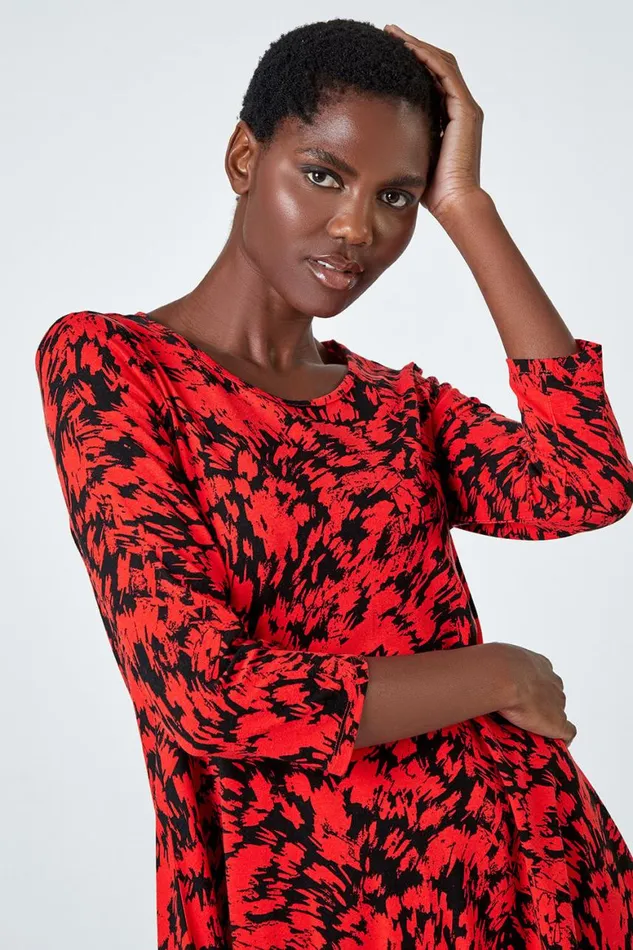 Women Red Abstract Print Hanky Hem Tunic Top Roman Tops