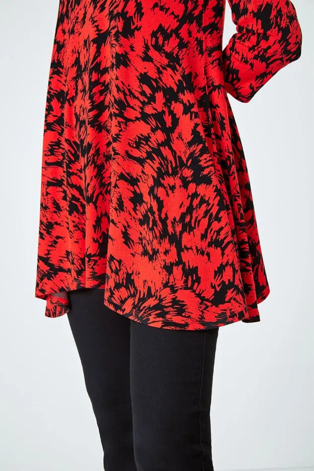 Women Red Abstract Print Hanky Hem Tunic Top Roman Tops
