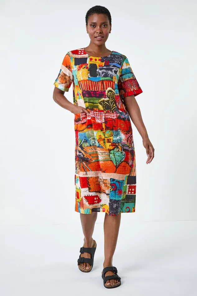 Women Red Abstract Print Pocket Shift Dress Roman Dresses