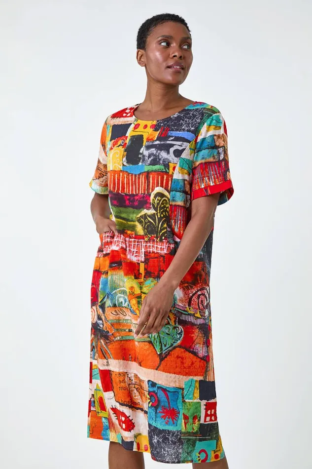 Women Red Abstract Print Pocket Shift Dress Roman Dresses