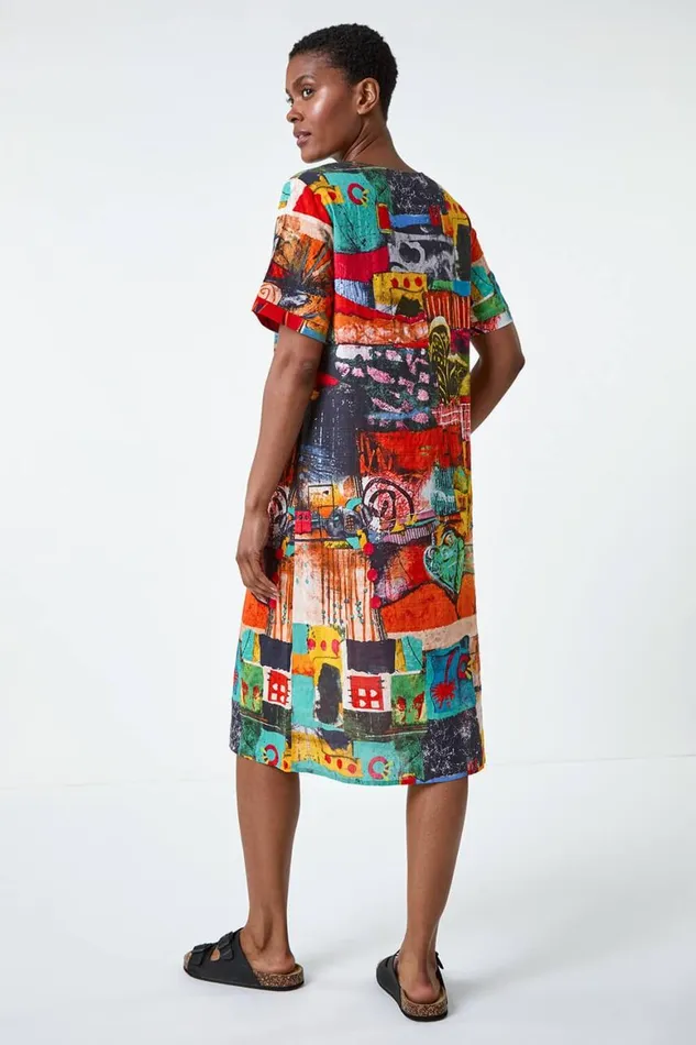 Women Red Abstract Print Pocket Shift Dress Roman Dresses