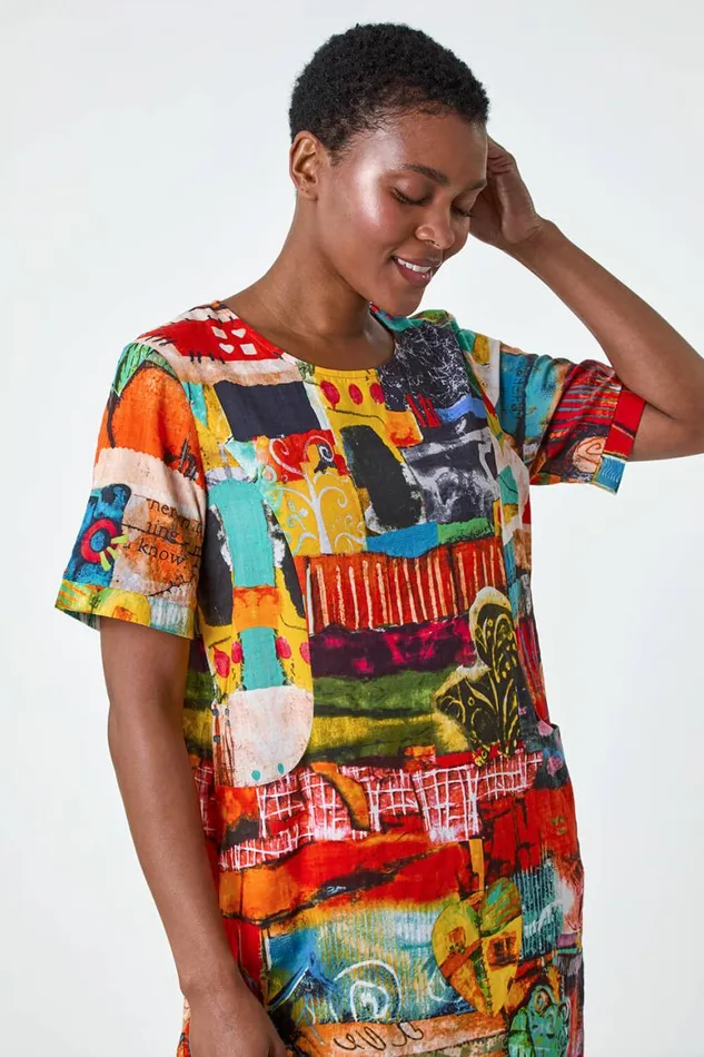 Women Red Abstract Print Pocket Shift Dress Roman Dresses