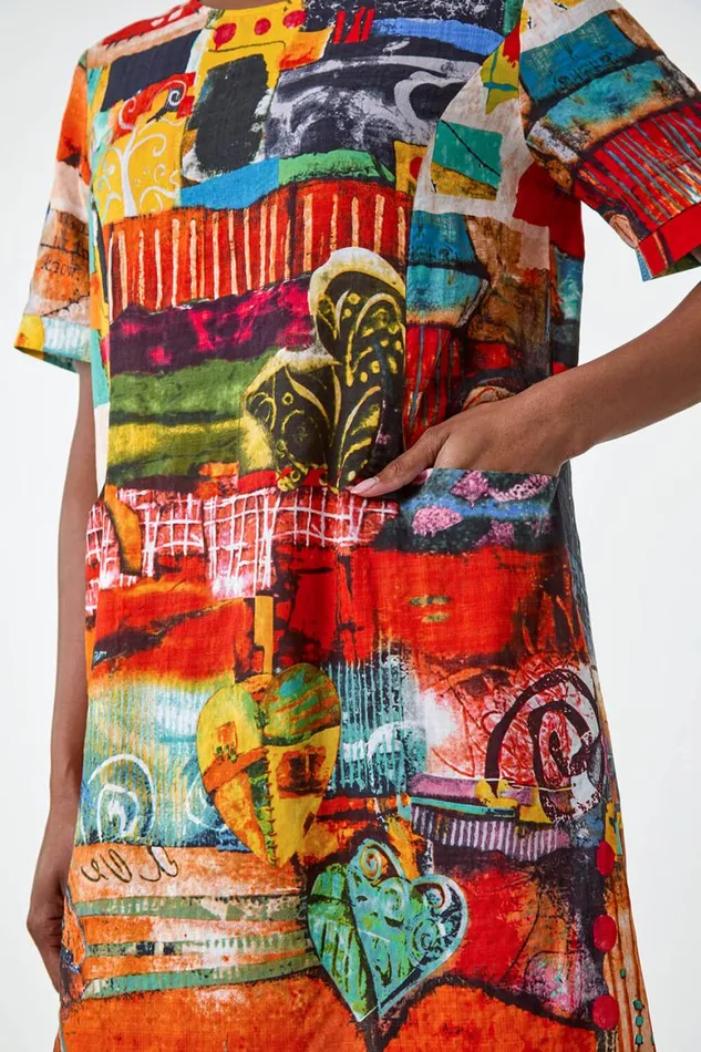 Women Red Abstract Print Pocket Shift Dress Roman Dresses