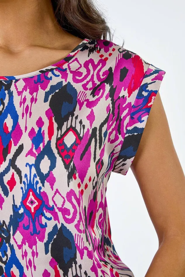 Women Red Aztec Print Short Sleeve Top Roman Tops