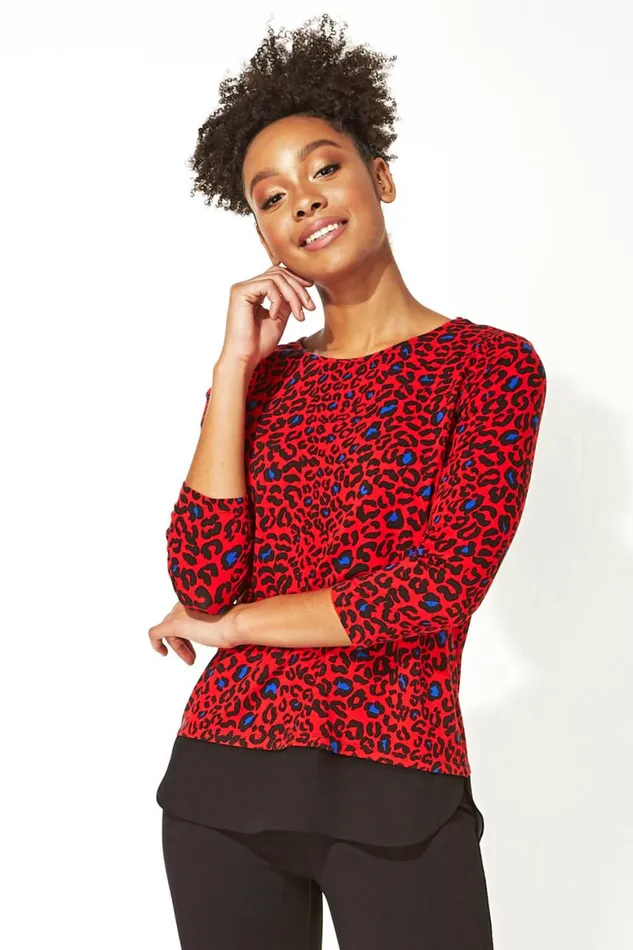 Women Red Chiffon Hem Animal Print Top Roman Tops