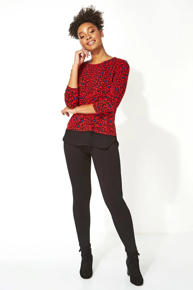 Women Red Chiffon Hem Animal Print Top Roman Tops