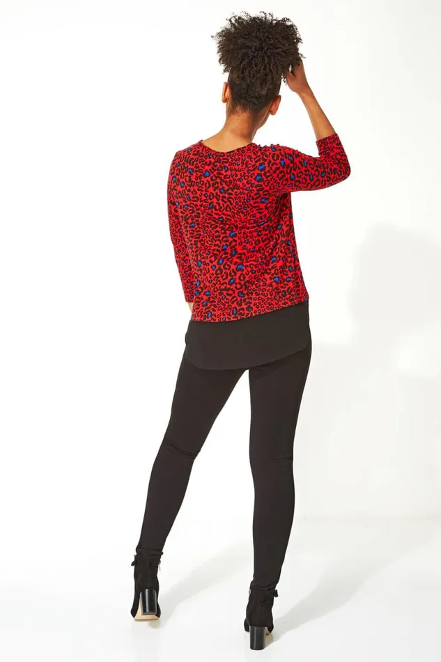 Women Red Chiffon Hem Animal Print Top Roman Tops