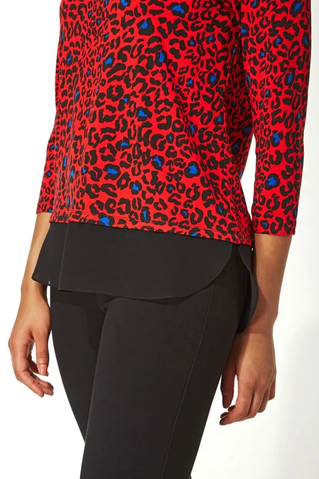 Women Red Chiffon Hem Animal Print Top Roman Tops