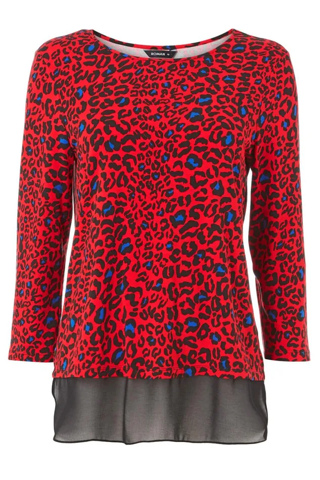 Women Red Chiffon Hem Animal Print Top Roman Tops