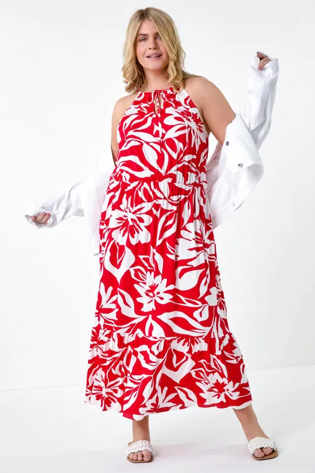 Women Red Curve Floral Tie Detail Halterneck Dress Roman Dresses
