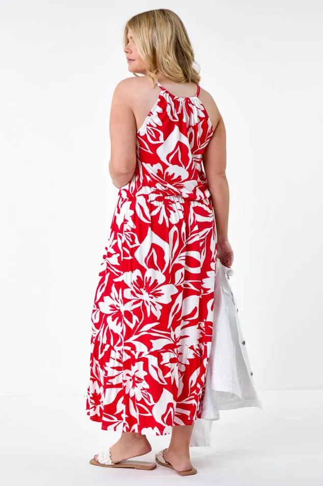 Women Red Curve Floral Tie Detail Halterneck Dress Roman Dresses