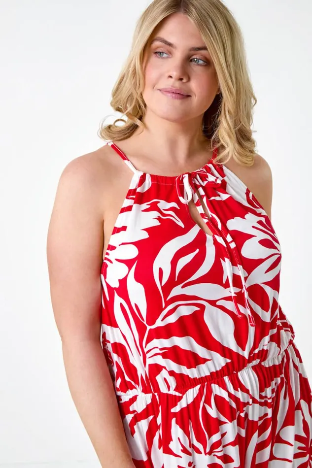 Women Red Curve Floral Tie Detail Halterneck Dress Roman Dresses