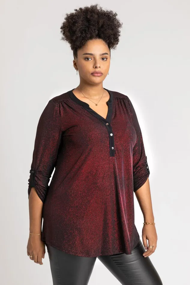 Women Red Curve Glitter Stripe Button Detail Tunic Top Roman Tops