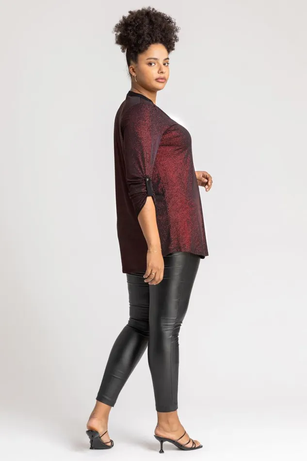 Women Red Curve Glitter Stripe Button Detail Tunic Top Roman Tops
