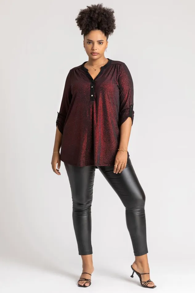 Women Red Curve Glitter Stripe Button Detail Tunic Top Roman Tops