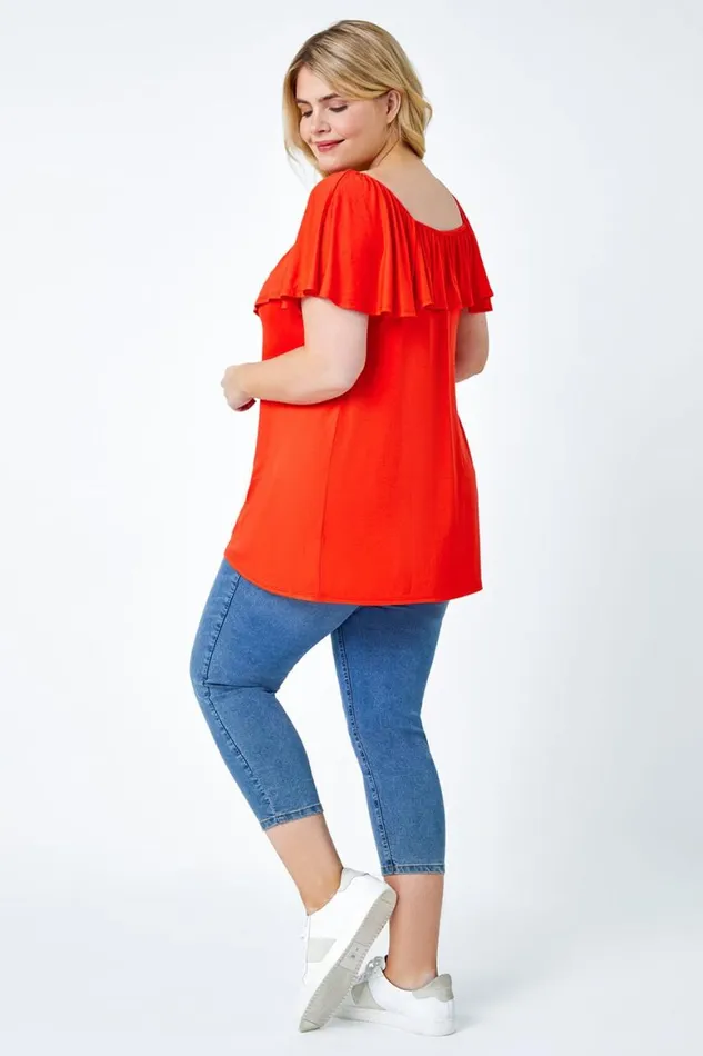 Women Red Curve Plain Bardot Stretch Top Roman Tops