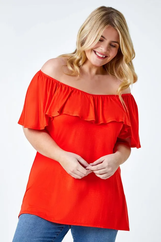 Women Red Curve Plain Bardot Stretch Top Roman Tops
