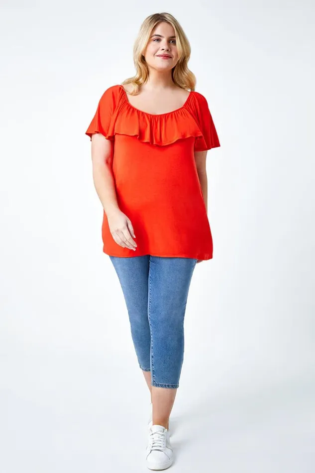 Women Red Curve Plain Bardot Stretch Top Roman Tops