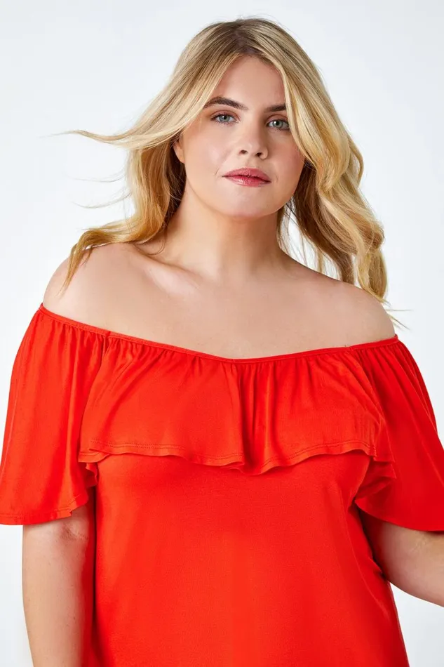 Women Red Curve Plain Bardot Stretch Top Roman Tops