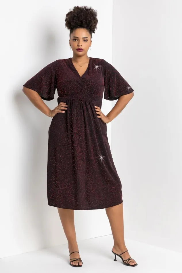 Women Red Curve Shimmer Wrap Midi Dress Roman Dresses